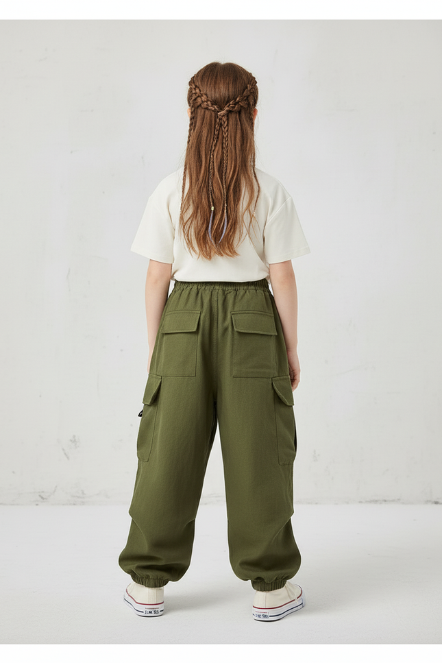 Pantalon Baggy Vert Kaki Ample Cargo Enfant - Toile - vue 2