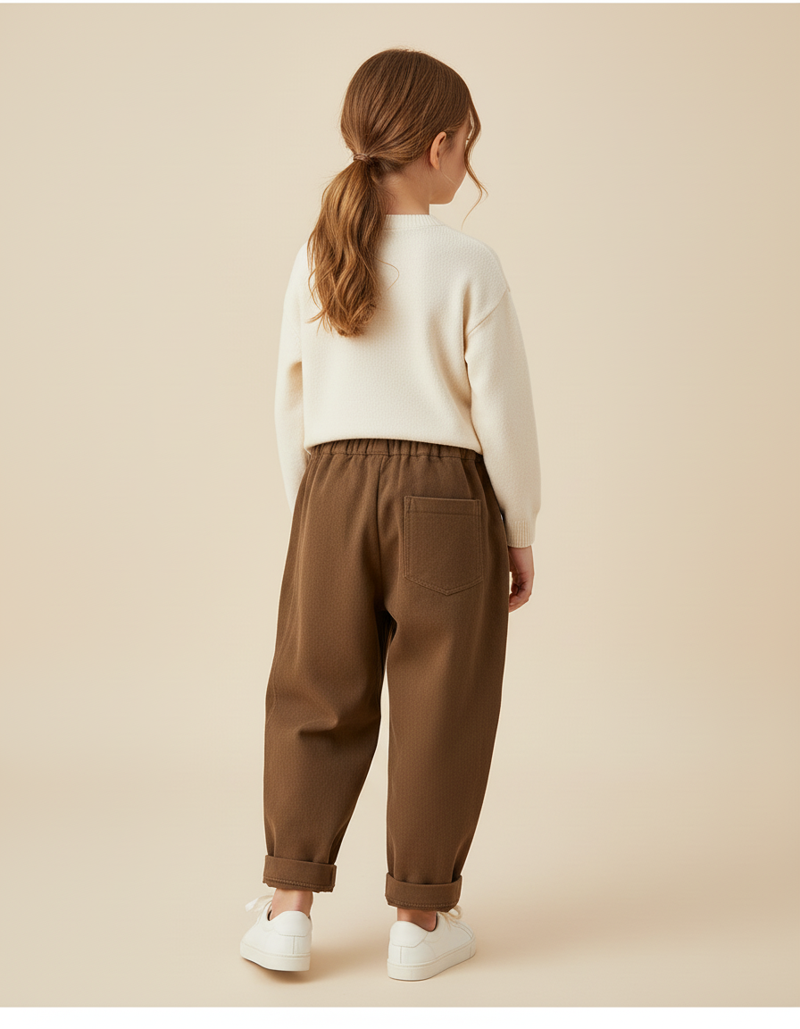 Pantalon Baggy Marron Coton Brodé Enfant Décontracté - Cordé - vue 2