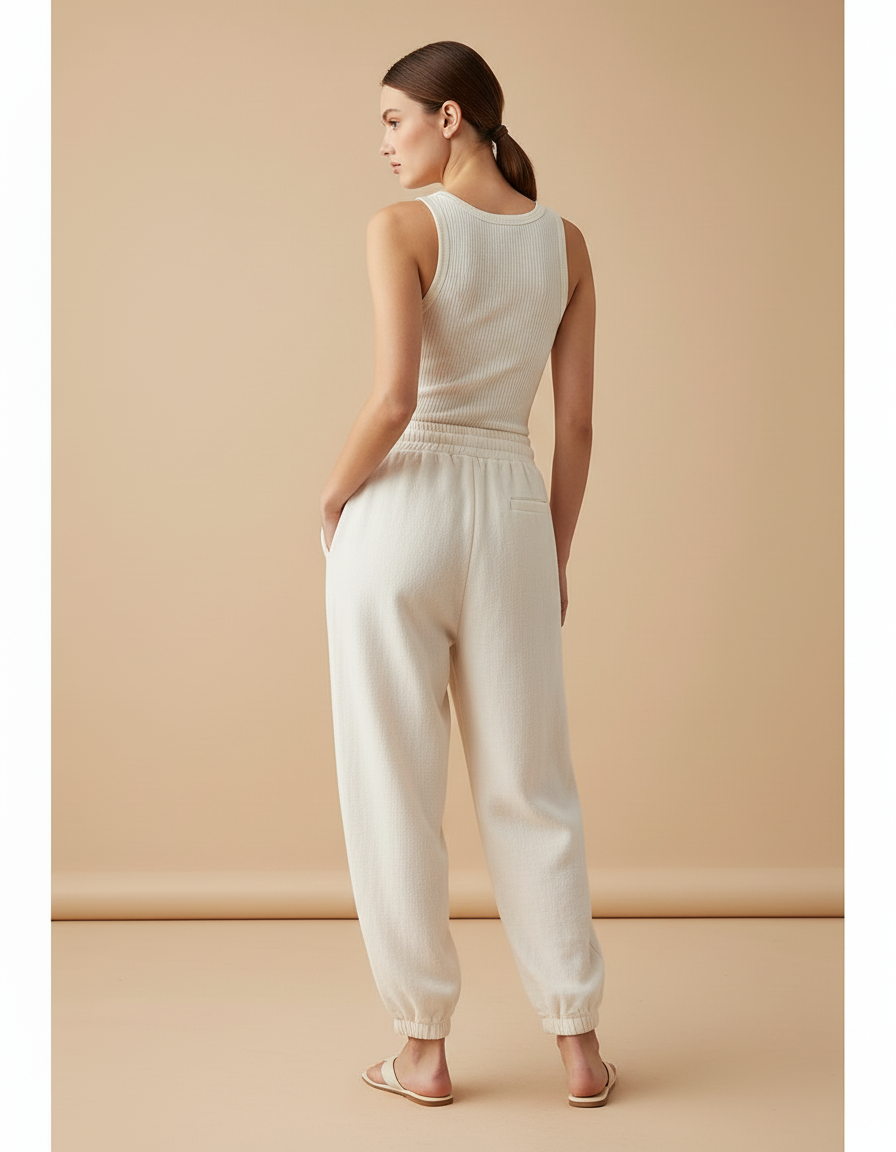 Pantalon Baggy Crème Molletonné Ample Cordon Confortable - Beige - vue 2