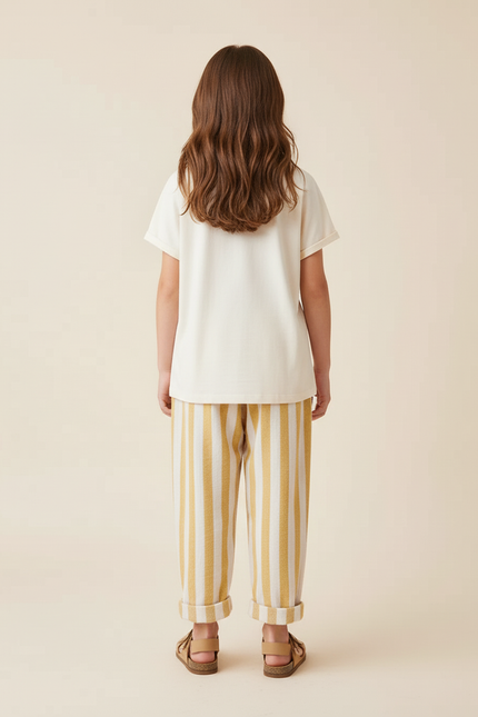 Pantalon Baggy Rayé Lin Coton Ample Décontracté Enfant - Jaune - vue 2