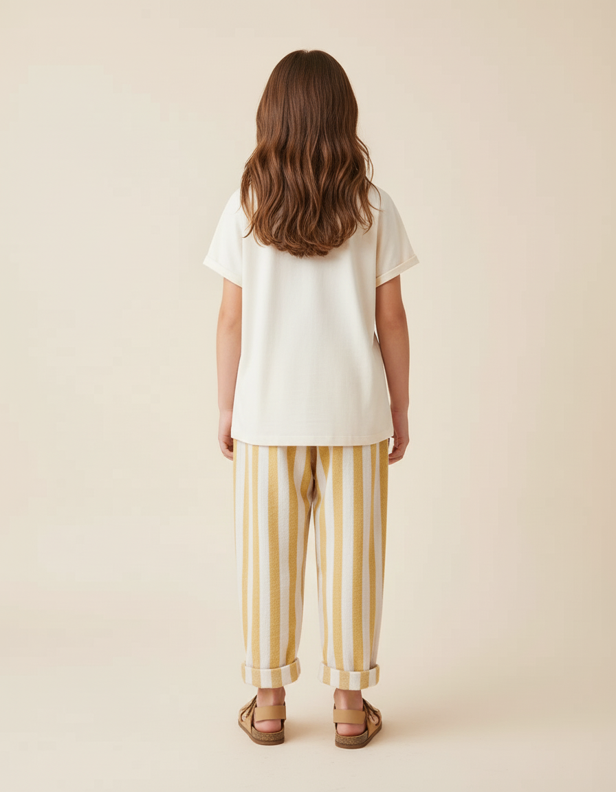 Pantalon Baggy Rayé Lin Coton Ample Décontracté Enfant - Jaune - vue 2