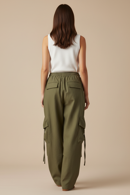 Pantalon Baggy Vert Kaki Ample Cargo Décontracté - Lin - vue 2