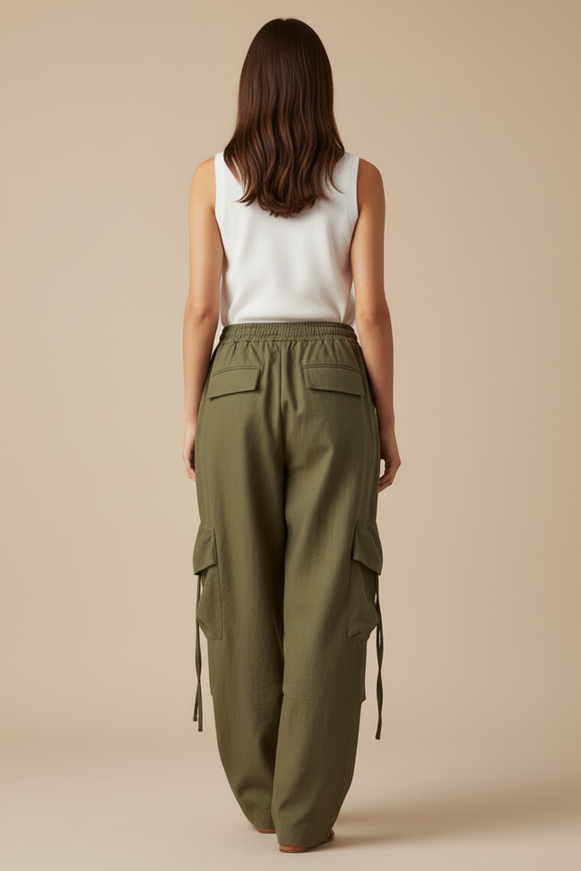 Pantalon Baggy Vert Kaki Ample Cargo Décontracté - Lin - vue 2