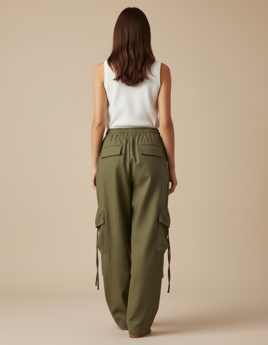 Pantalon Baggy Vert Kaki Ample Cargo Décontracté - Lin - vue 2