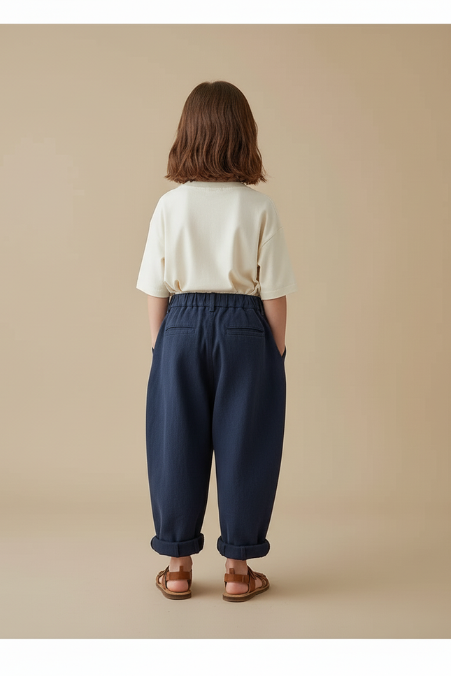 Pantalon Baggy Bleu Marine Ample Plissé Coton Enfant - vue 2