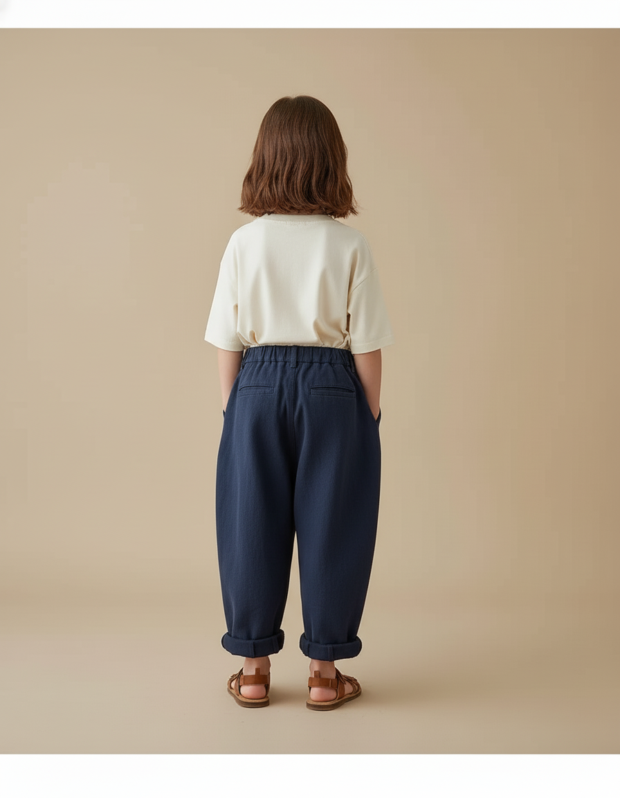 Pantalon Baggy Bleu Marine Ample Plissé Coton Enfant - vue 2