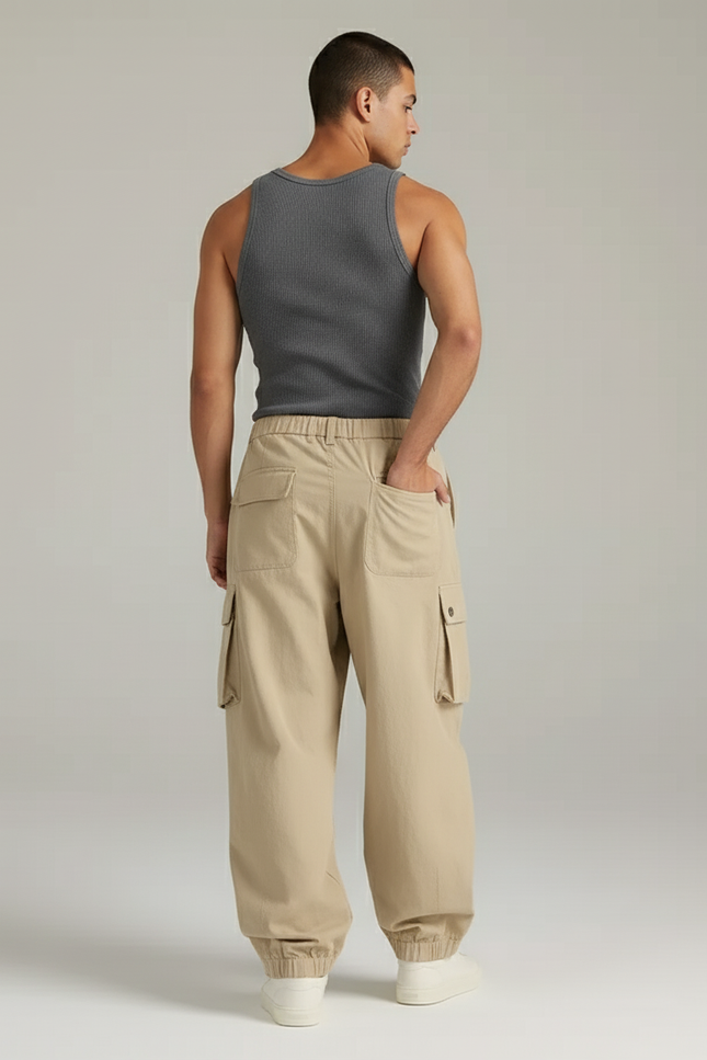 Pantalon Baggy Cargo Beige Décontracté Homme - Toile - vue 2
