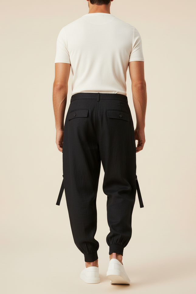 Pantalon Baggy Noir Cargo Décontracté Cordon Homme - Lin - vue 2
