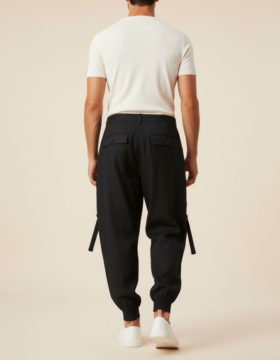 Pantalon Baggy Noir Cargo Décontracté Cordon Homme - Lin - vue 2