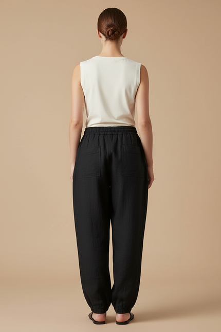 Pantalon Baggy Noir Lin Ample Cordon Confortable Femme - vue 2