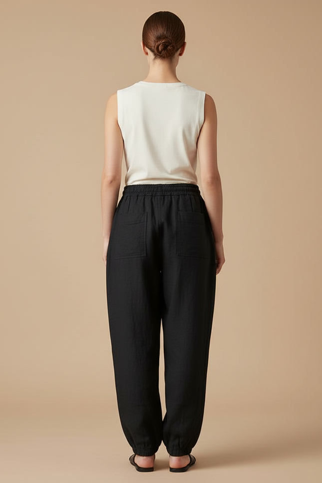 Pantalon Baggy Noir Lin Ample Cordon Confortable Femme - vue 2