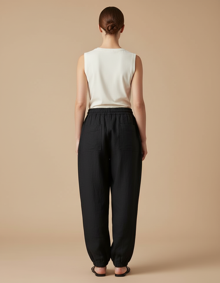 Pantalon Baggy Noir Lin Ample Cordon Confortable Femme - vue 2