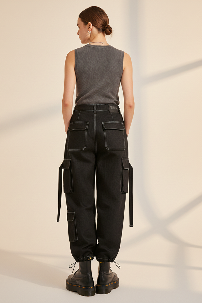 Pantalon Baggy Noir Cargo Décontracté Surpiqûres Femme - Jean - vue 2