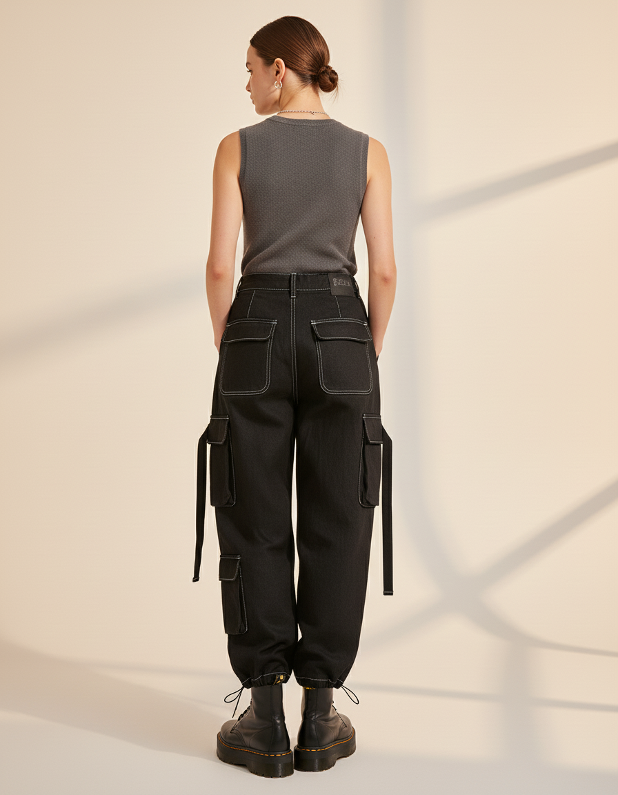 Pantalon Baggy Noir Cargo Décontracté Surpiqûres Femme - Jean - vue 2