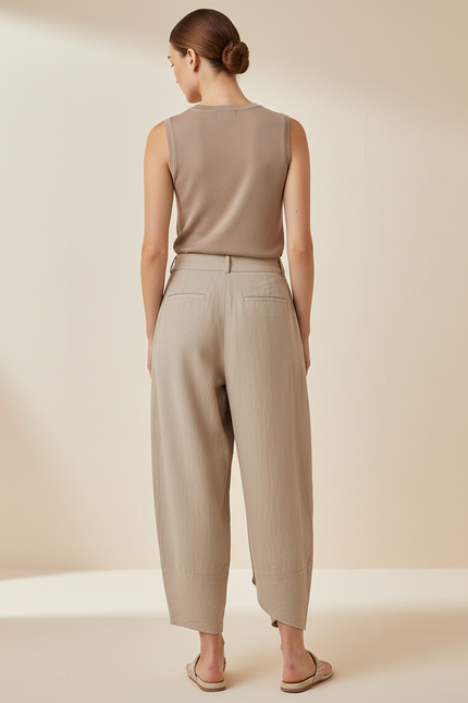 Pantalon Baggy Lin Beige Ample Taille Haute Femme - vue 2