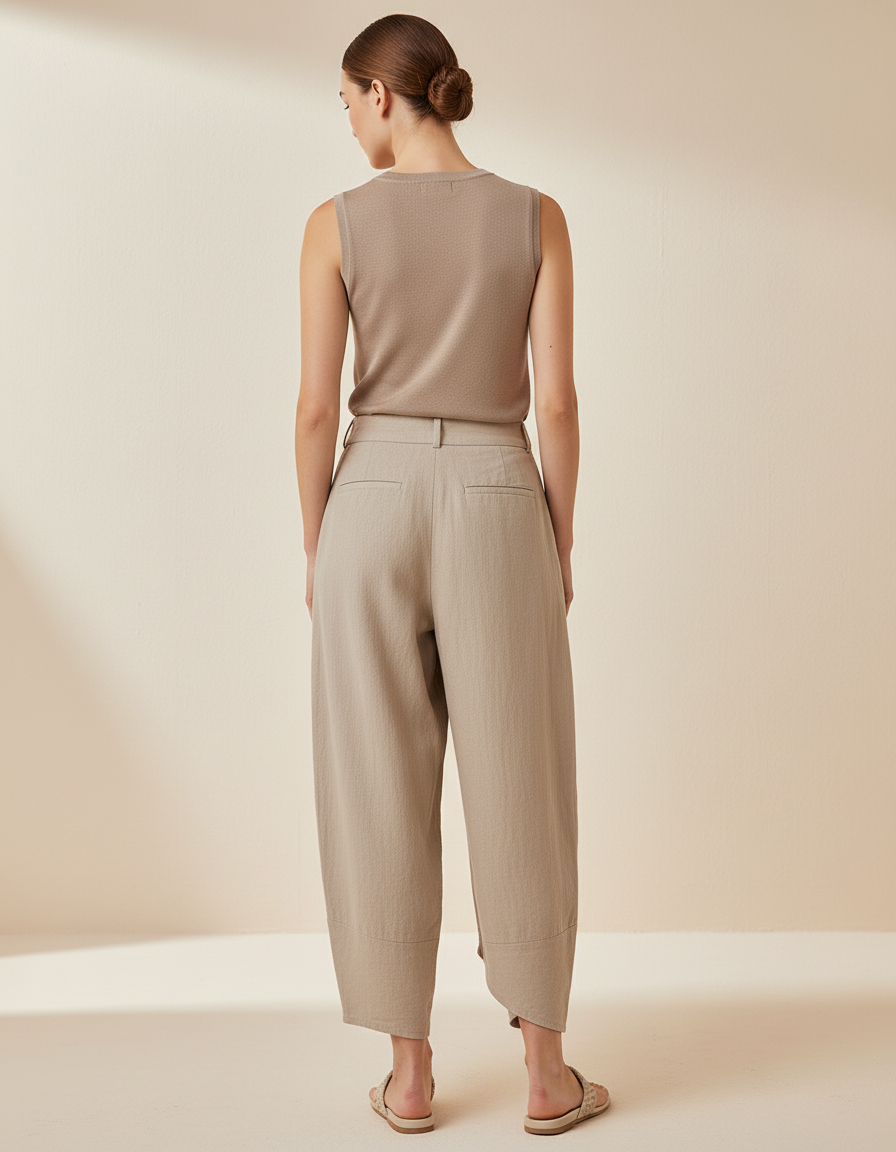 Pantalon Baggy Lin Beige Ample Taille Haute Femme - vue 2