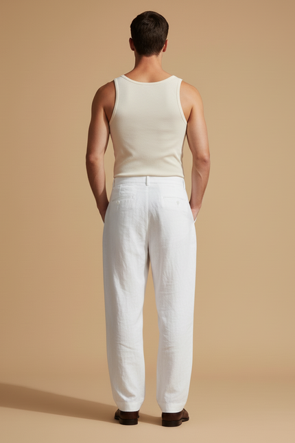 Pantalon Baggy Blanc Lin Ample Plissé Décontracté Homme - vue 2