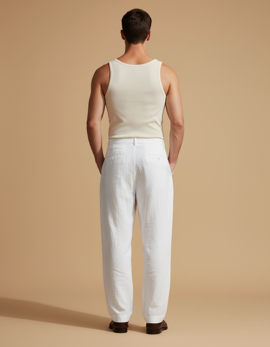 Pantalon Baggy Blanc Lin Ample Plissé Décontracté Homme - vue 2