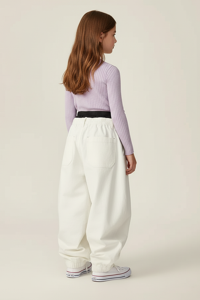 Pantalon Baggy Blanc Ample Élastiqué Décontracté Enfant - Toile - vue 2
