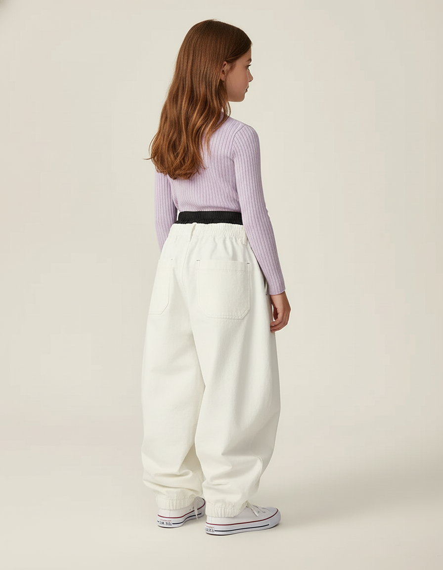 Pantalon Baggy Blanc Ample Élastiqué Décontracté Enfant - Toile - vue 2