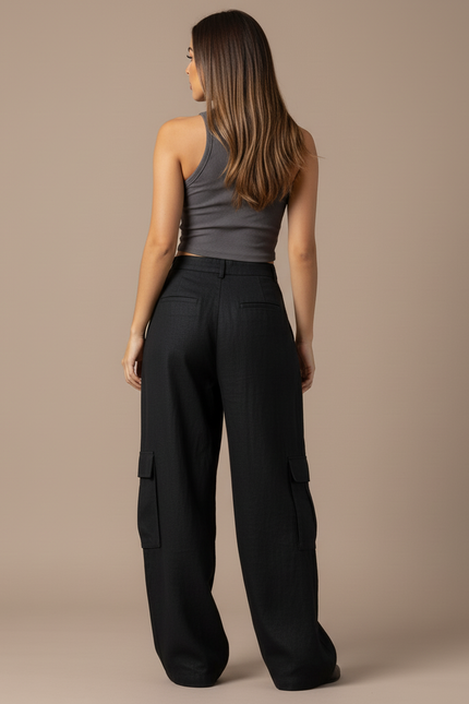 Pantalon Baggy Noir Cargo Ample Fluide Femme - Lin - vue 2