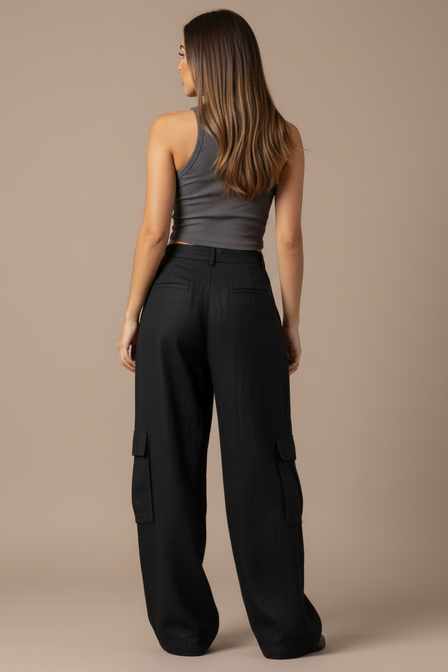 Pantalon Baggy Noir Cargo Ample Fluide Femme - Lin - vue 2