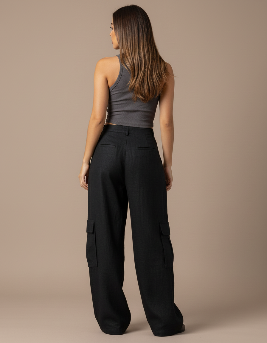 Pantalon Baggy Noir Cargo Ample Fluide Femme - Lin - vue 2