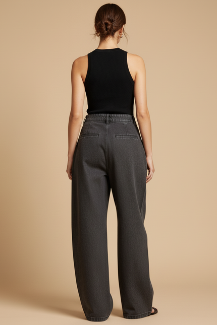 Pantalon Baggy Gris Délavé Ample Denim Plissé Femme - Jean - vue 2