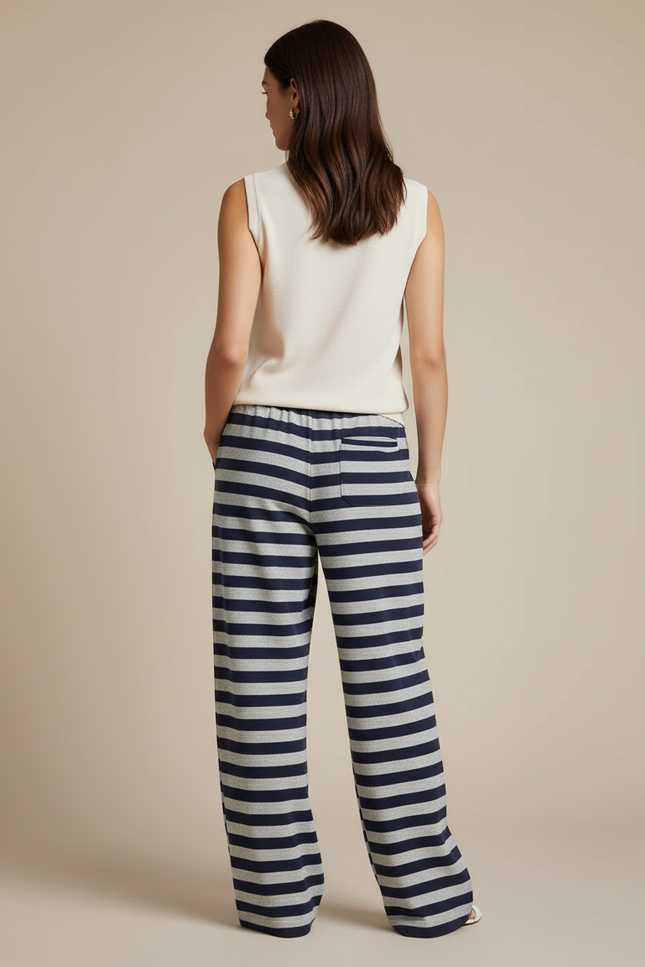Pantalon Baggy Rayé Bleu Gris Ample Décontracté - Multicolore Molleton - vue 2