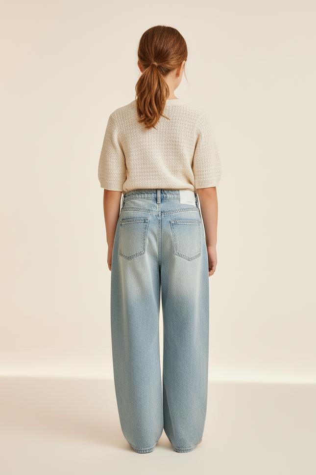 Pantalon Baggy Denim Clair Ample Brodé Chevalier Fleurs - Bleu Jean - vue 2