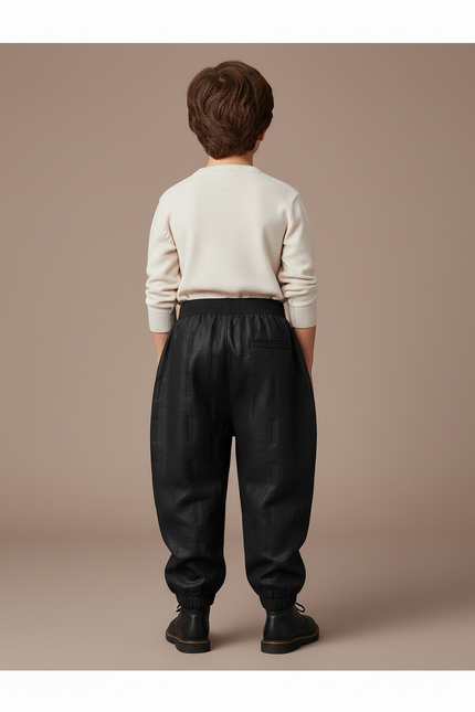 Pantalon Baggy Noir Texturé Ample Élastique Garçon - Simili cuir - vue 2