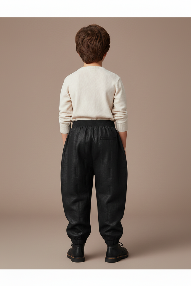 Pantalon Baggy Noir Texturé Ample Élastique Garçon - Simili cuir - vue 2