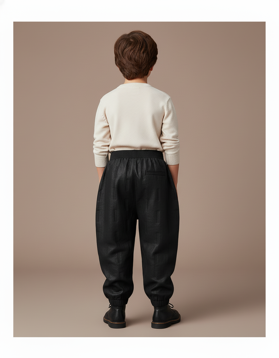 Pantalon Baggy Noir Texturé Ample Élastique Garçon - Simili cuir - vue 2