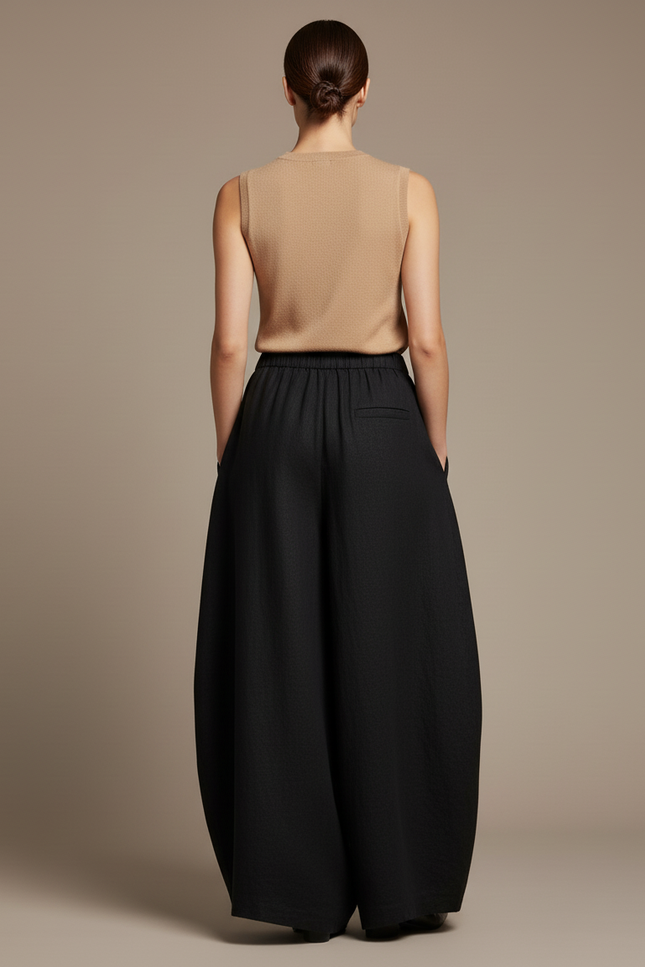 Pantalon Baggy Noir Ample Fluide Élégant Femme - Lin - vue 2
