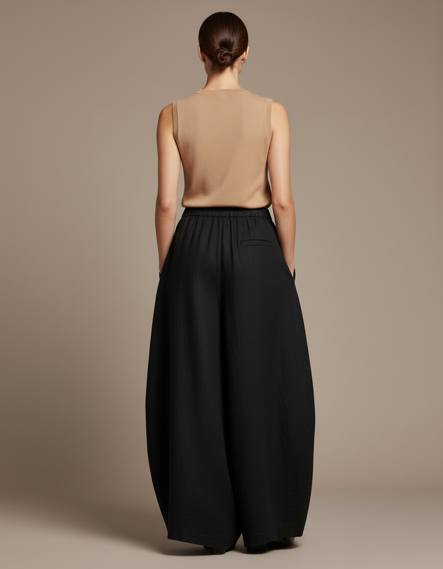 Pantalon Baggy Noir Ample Fluide Élégant Femme - Lin - vue 2
