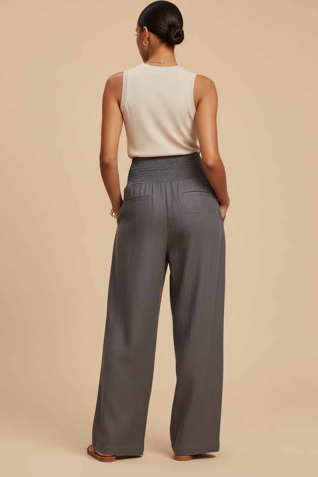 Pantalon Baggy Gris Ample Smocké Fluide Femme - Lin - vue 2
