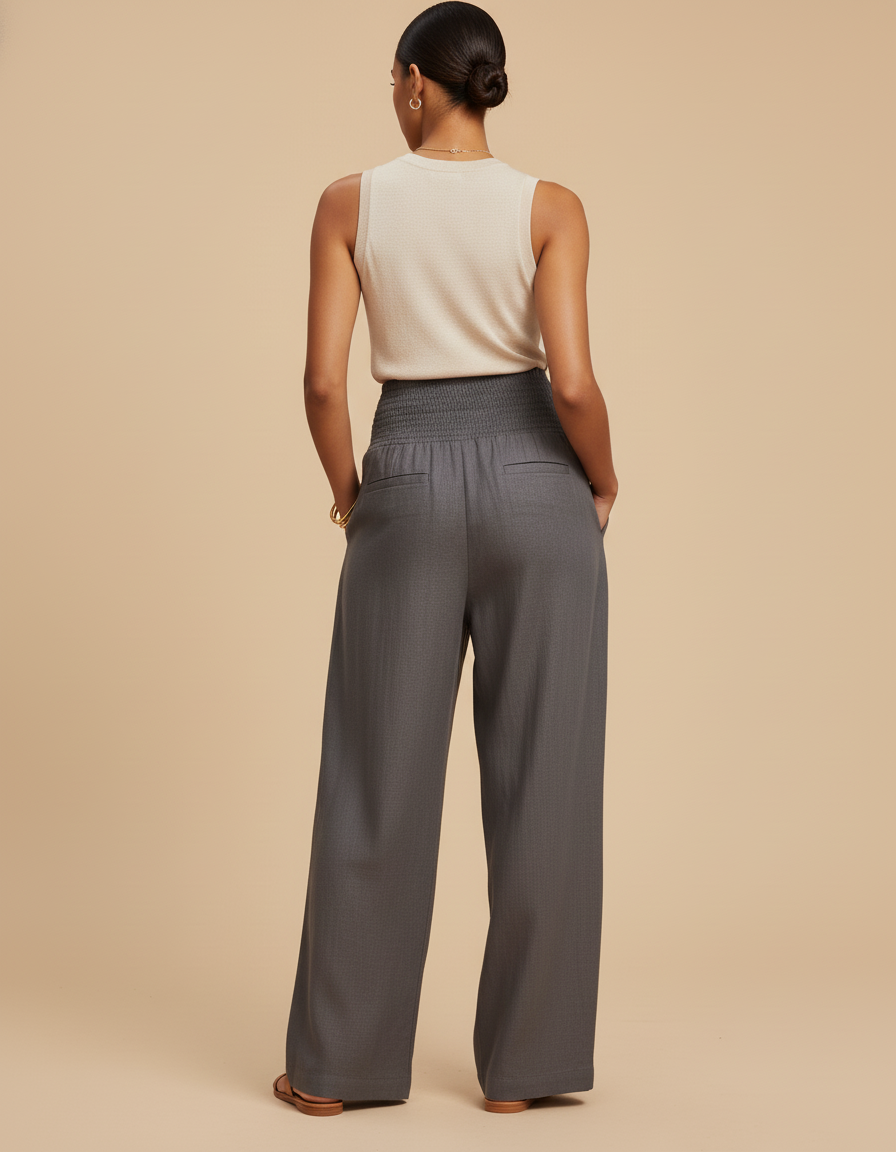 Pantalon Baggy Gris Ample Smocké Fluide Femme - Lin - vue 2