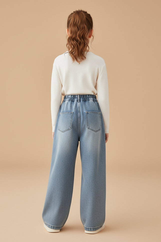 Pantalon Baggy Denim Cœur Brodé Ample Enfant - Bleu Jean - vue 2