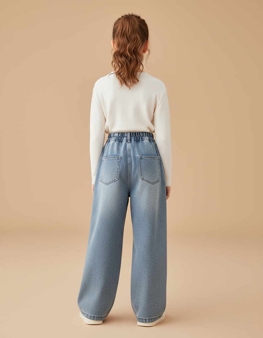 Pantalon Baggy Denim Cœur Brodé Ample Enfant - Bleu Jean - vue 2