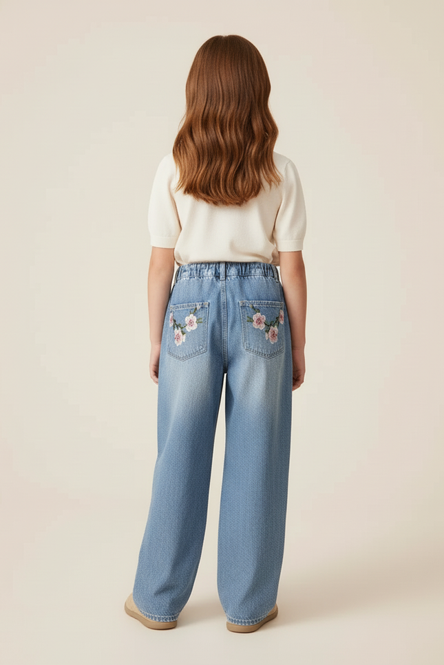 Pantalon Baggy Denim Brodé Fleuri Ample Enfant - Bleu Jean - vue 2