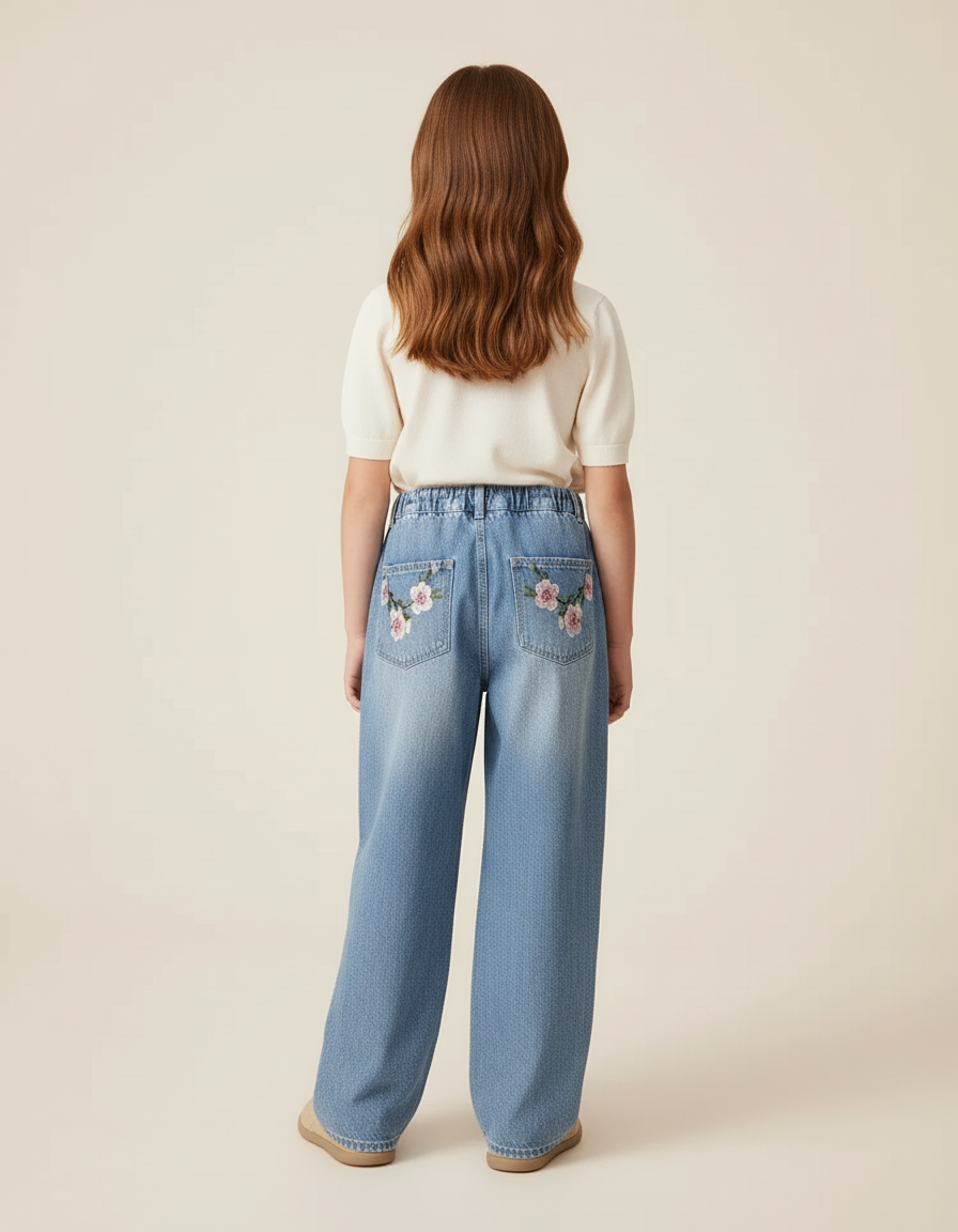 Pantalon Baggy Denim Brodé Fleuri Ample Enfant - Bleu Jean - vue 2
