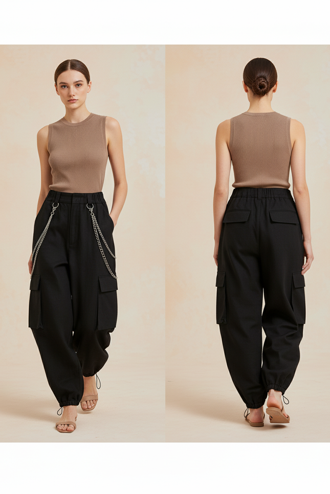 Pantalon Baggy Noir Cargo Chaînes Ample Femme - Toile - vue 2
