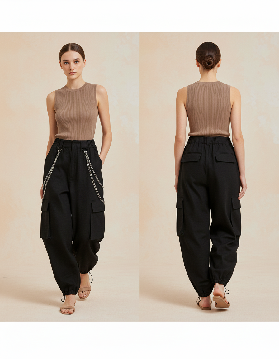 Pantalon Baggy Noir Cargo Chaînes Ample Femme - Toile - vue 2