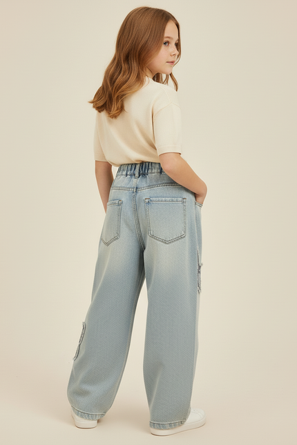 Pantalon Baggy Jean Bleu Papillon Ample Taille Élastique - vue 2