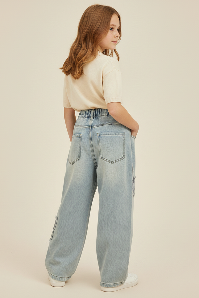 Pantalon Baggy Jean Bleu Papillon Ample Taille Élastique - vue 2