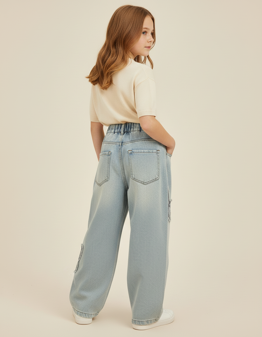 Pantalon Baggy Jean Bleu Papillon Ample Taille Élastique - vue 2