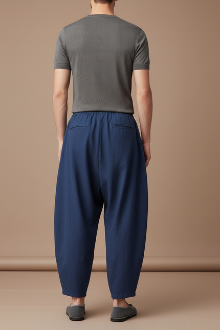 Pantalon Baggy Bleu Marine Lin Ample Plissé Homme - vue 2