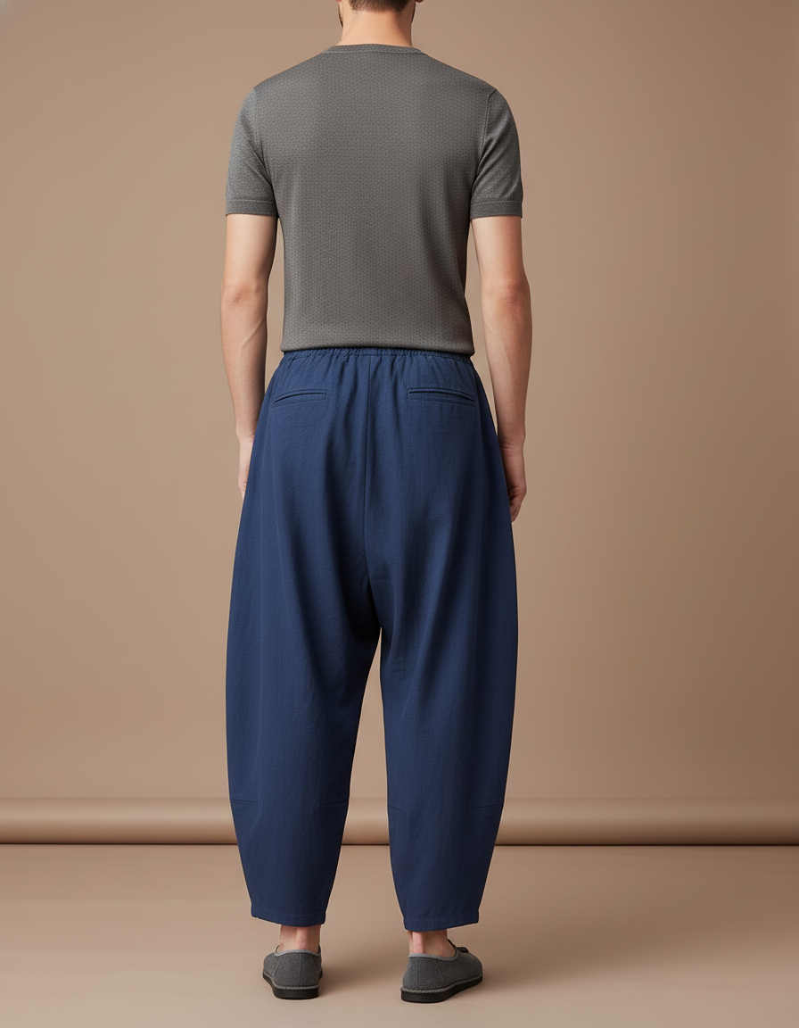 Pantalon Baggy Bleu Marine Lin Ample Plissé Homme - vue 2