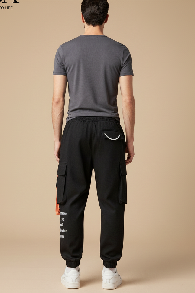 Pantalon Baggy Noir Cargo Imprimé Cordon Homme - Molleton - vue 2
