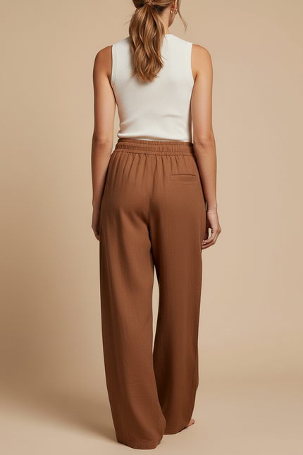 Pantalon Baggy Marron Lin Ample Fluide Cordon Décontracté - vue 2